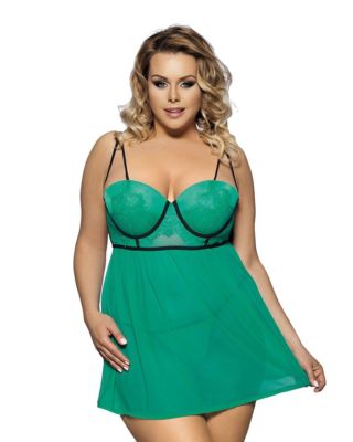 Sexy Damen Mini Babydoll Spitze Kleid Dessous Grün mit geformten Cups L/XL