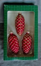 set of 3 Holiday Time Glass Pinecone Ornaments Red w/ Gold Glitter 4 1/4 Box