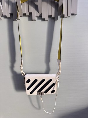 OFF-WHITE Diagonal Stripe Flap Shoulder Bag Leather Crossbody White/Black