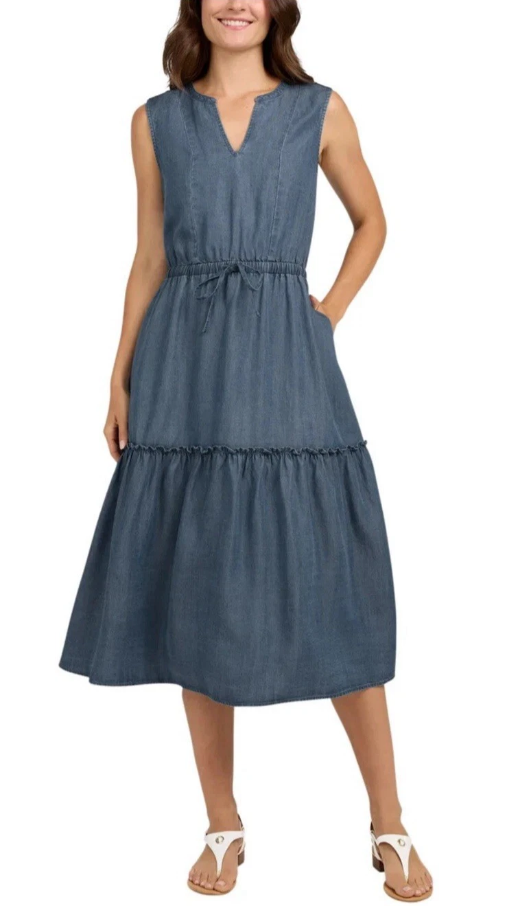 Lands' End Large Blue Lyocell Tiered Maxi Dress Drawstring Waist Pockets Boho