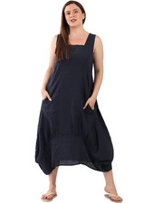 Italian Lagenlook Linen Dress Square Neck Balloon Hem Pockets One Size UK 10-16