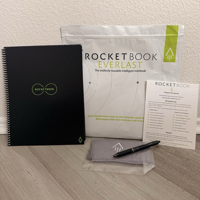 Rocketbook Everlast- Reusable Smart Notebook Set w/ Pen, Cloth, Black Letter