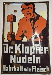 Rare Dr Klopfer Nudeln Nahrhaft wie Fleisch 1900s Porcelain Sign Hohlwein Design