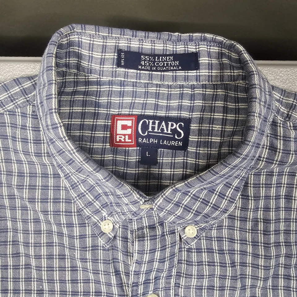 Vintage Chaps Ralph Lauren Shirt Large Blue Plaid Linen Cotton Blend 90s Dadcore - Image 4 of 4