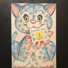 Vtg Birthday Greeting Card Adorable Floral Green-Eyed Kitty Cat Birthday Hello 1