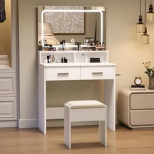 Makeup Vanity Desk Set with Power Outlet 2 Drawers 3 Lighting Modes for Bedroom