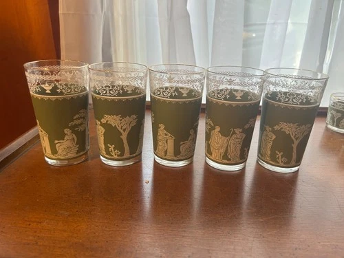 5 JEANETTE Green WEDGEWOOD Hellenic Greek Roman Highball Glasses 5" TUMBLER