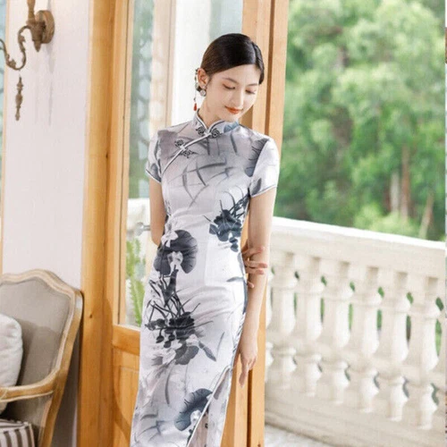 Mujeres Chino Tradicional Floral Satén Qipao Vestido Manga Corta Ajustado Cheongsam - Imagen 5 de 28