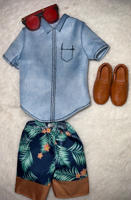 Barbie Ken Fashion Denim Shirt Floral Shorts Brown Shoes Red Sunglasses BC1  | eBay