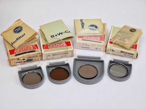 B+W Sammlung von 4 verpackten Filtern für Eumig C3m Kinokamera + Etuis, Anleitung