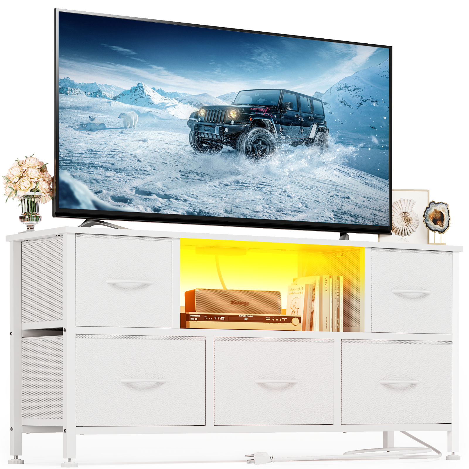 White PU Dresser TV Stand with LED Lights, Power Outlets, and 5 Fabric Drawers for Bedroom-image