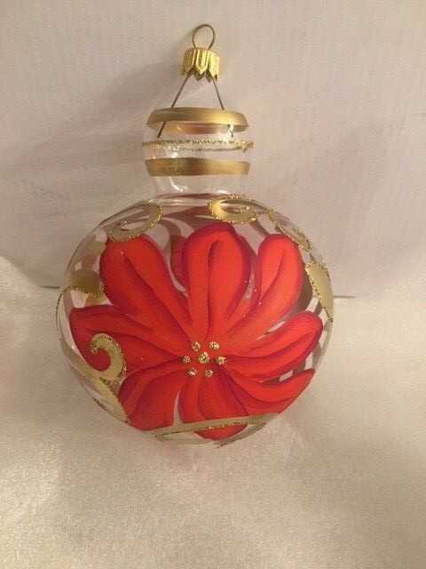 Glass Tear drop finial Christmas ornament hand painted poinsettia & scrollwork