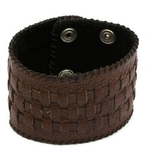 Brown Leather Snap Button Bracelet with Intertwined Pattern