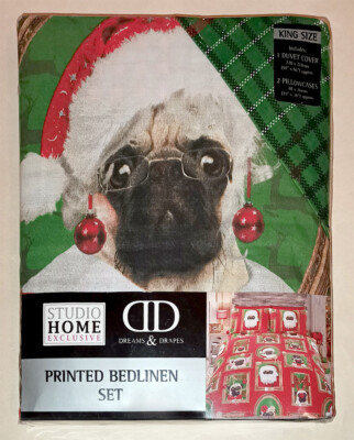 BRANDNEU Weihnachten Mops Portrait KING SIZE Bettwäscheset Kissenbezüge Hund Studio Zuhause