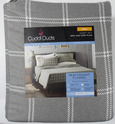 Cuddl Duds Heavyweight Flannel Full Sheet Set Gray Ivory Plaid Brushed Cotton
