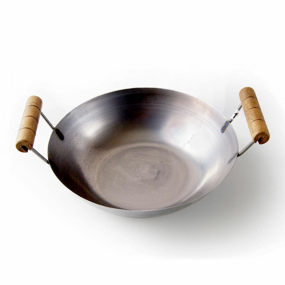 13" Double Handle Flat Based Carbon Steel Wok - Commercial Quality