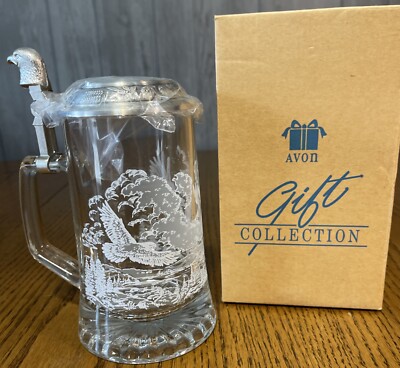 NIB AVON AMERICAN EAGLE ETCHED GLASS TANKARD W/ PEWTER LID 1997 Germany