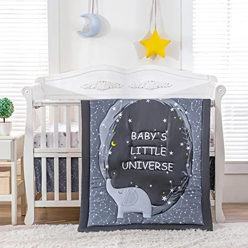 3Piece Baby Crib Bedding Set for Boys Elephant Moon Star Themed Moon Stars