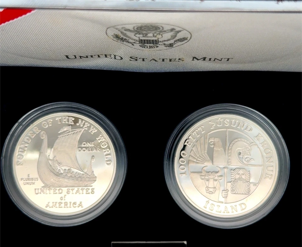 2000 US Mint Leif Ericson Millennium Commemorative 2 Coin 90% Silver Proof Set - Image 3 of 4