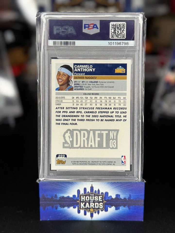 Tarjeta de novato Topps Carmelo Anthony #223 2003-04 🔥 PSA 10 💎 gema como nueva 📈 Foto 2 de 2
