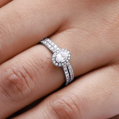 8/9 Ct Oval & Round Diamond Halo Engagement Ring 925 Sterling Silver