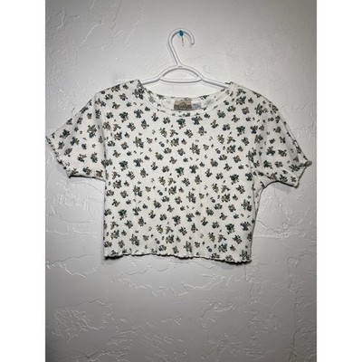 Republic Denim floral scalloped trim cropped ribbed t shirt womens large y2k