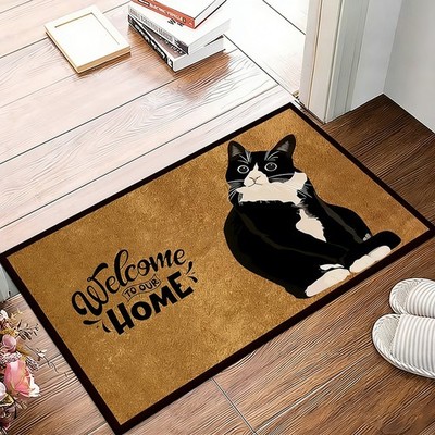 Black White Cat Welcome Non Slip Doormat Pet Home Decor Rug Floor