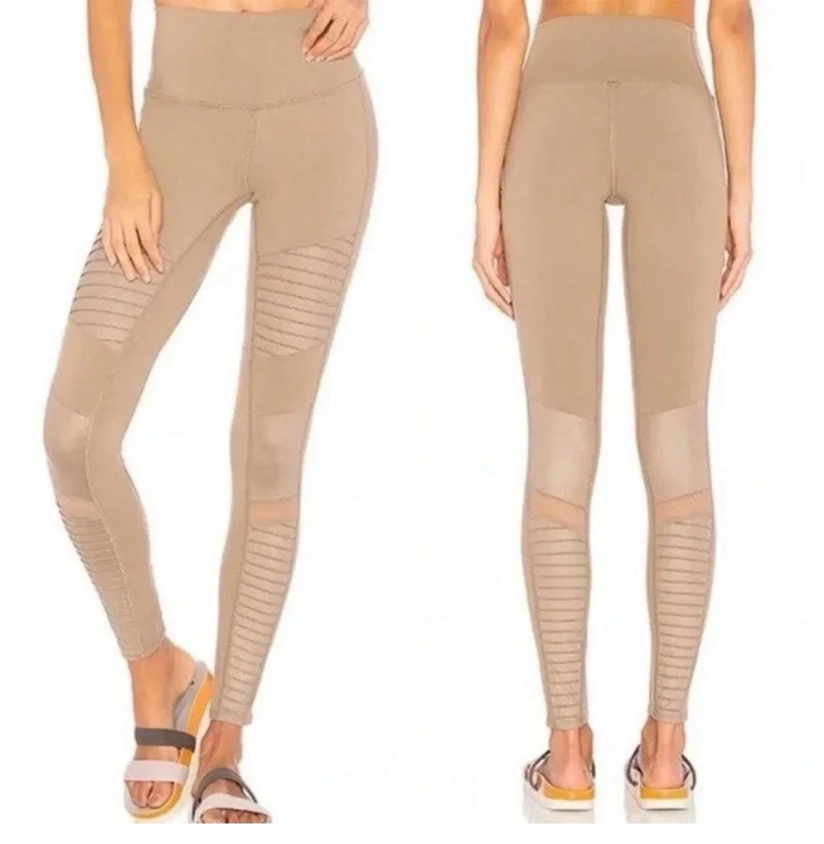 Alo Yoga High Waisted Moto Leggings Sand Gravel Tan Beige Full Length Medium