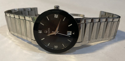 Men's Bulova 96D18 Diamonds on Black Face Stainless Steel Date 35mm Quartz Watch