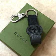 GUCCI Interlocking GG Leather Keychain Black Strap Keyring Silver Tone
