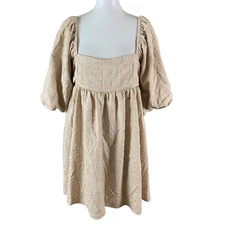 Sweet Lemon Beige Textured Puff Sleeve Square Neck Midi Dress Large