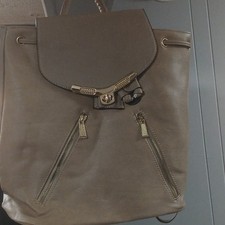 Beige Backpack Gold Hardware Buckle Drawstring Adjustable Strap Women