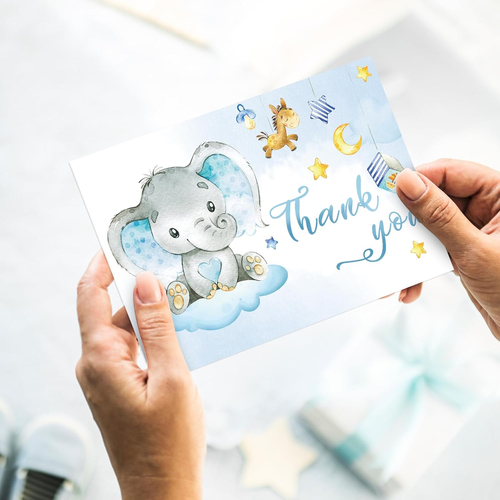 24 Packs Elephant Thank You Cards Blue Baby Elephant Greeting Cards Cute Cartoon - Picture 6 of 7