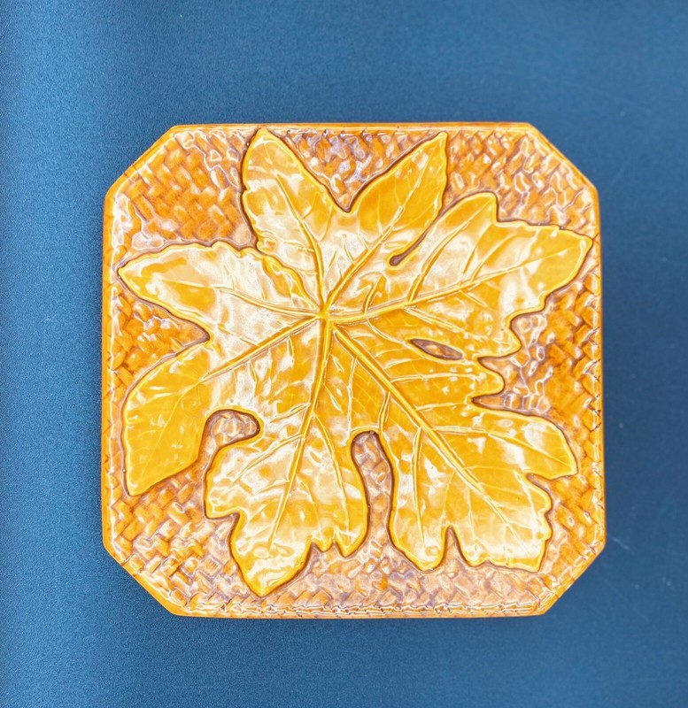 Majolica Italian Ceramic Plate Square Autumn Leaf Yellow  7”