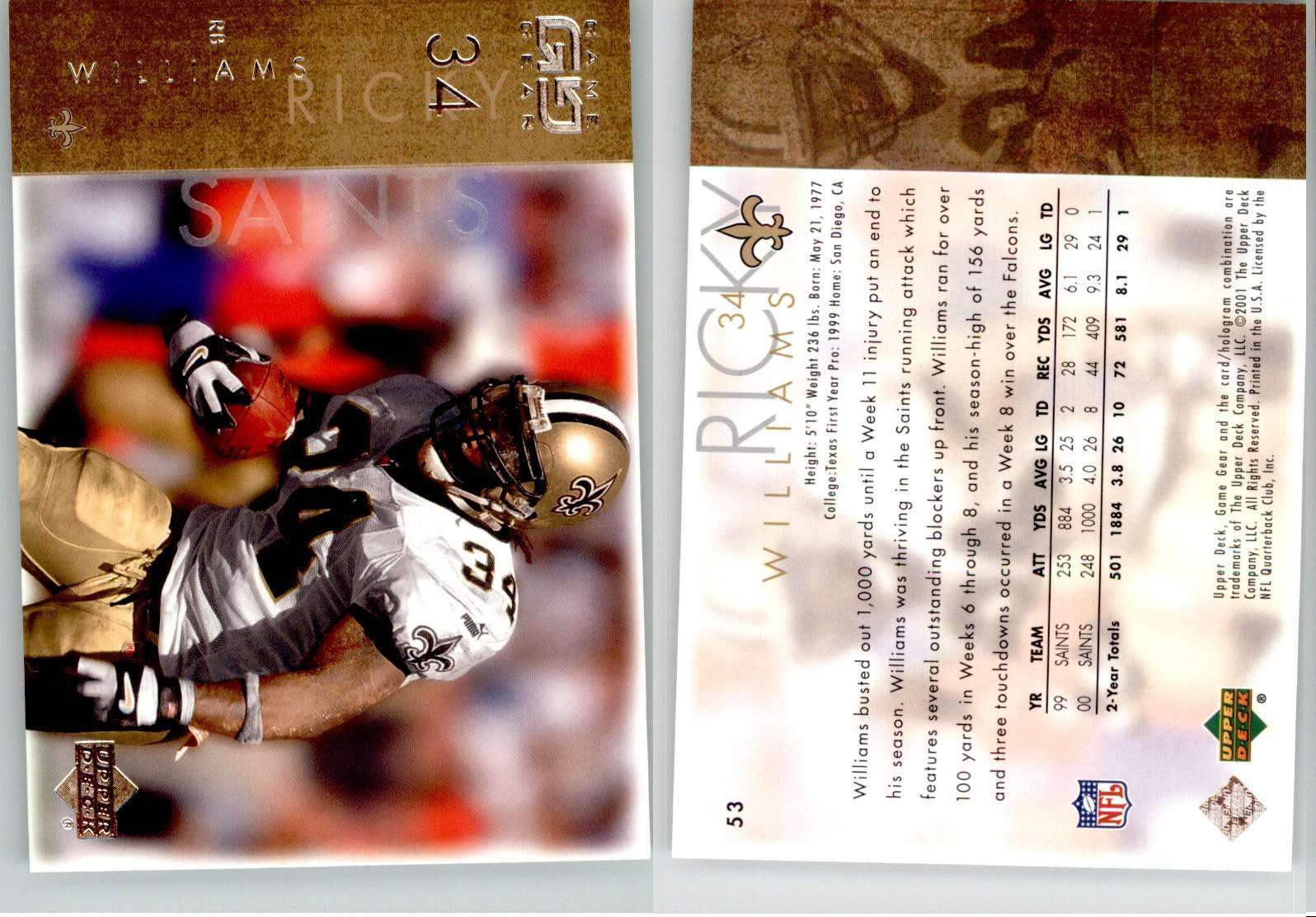 Ricky Williams 2001 Upper Deck Game Gear #53 Saints | eBay