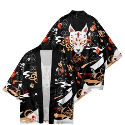 Herren Japanische Kimono Mantel Aufdruck Vorn zu Öffnende Strickjacke 3/4, Lose - Bild 1 von 4