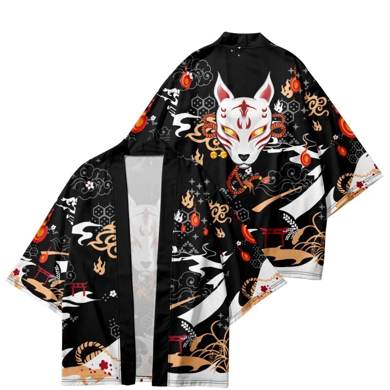 Herren Japanische Kimono Mantel Aufdruck Vorn zu Öffnende Strickjacke 3/4, Lose - Bild 1 von 4