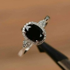 1.49 Ct Oval Cut Black Onyx Lab-Created Halo Engagement Ring 925 Sterling Silver