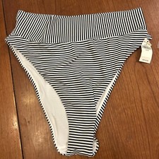Aerie Black and White Striped High Cut Cheeky Bikini Bottom - Medium - NWT