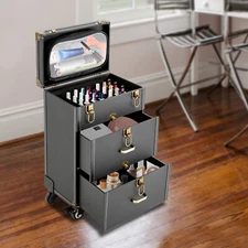 Jewelry Cosmetic Train Case Nail Polish Organizer Rolling Makeup Trolley Case US