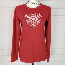 Camiseta roja Life Is Good para mujer manga larga con estampado de copo de nieve en forma de corazón talla S