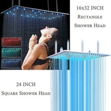 Brass Large Square LED Rain Shower Head Ceiling Mount Rainfall Sprayer with Arm