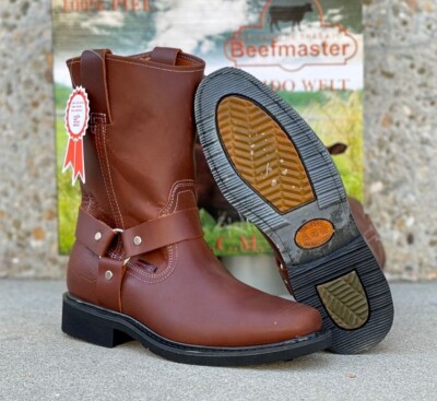 MEN'S WORK BOOTS PULL ON BOOT GENUINE LEATHER SOFT TOE BIKER STYLE ROBLE