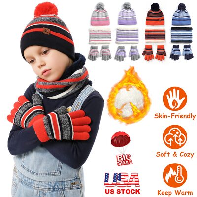 Kids Winter Warm Hat Gloves Scarf Set Beanie Knitted for Toddler Boys Girls 