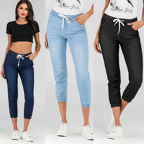 Slim jeans stretch skinny capri pants elastic drawstring denim cropped  trousers