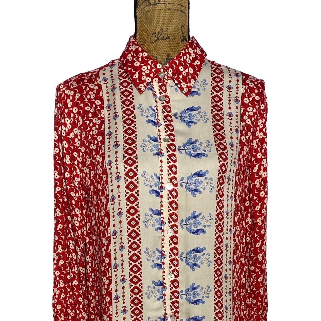 Oliviaceous S Unique Shirt Dress Retro Look Red Off White FLoral Long Sl Stripe thumbnail 2