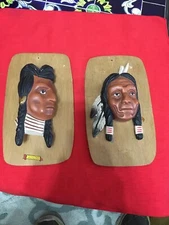 Rare Pair Chalkware Native American Indian Head/Bust  Folk Art Unique Souvenir