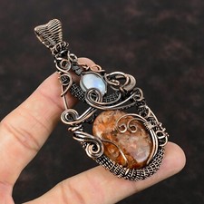 Sunstone Gemstone Jewelry Copper Gift For Mother Wire Wrapped Pendant 3.7"