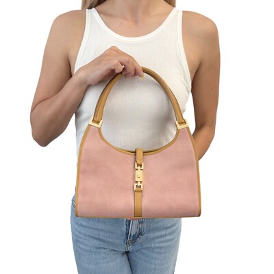 GUCCI Vintage Logo Jackie Shoulder Bag Light Pink Camel Gold Suede Leather 
