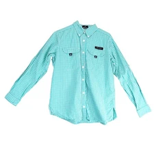 Simply Southern Green Gingham Button Down Shirt Women's S Vent Long Slv Fishing